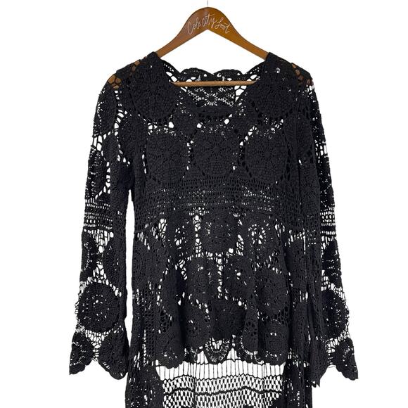 Black Knit Sweater Top Sheer Long Sleeve Train Halloween Witch Semi Sheer Boho - Picture 2 of 7